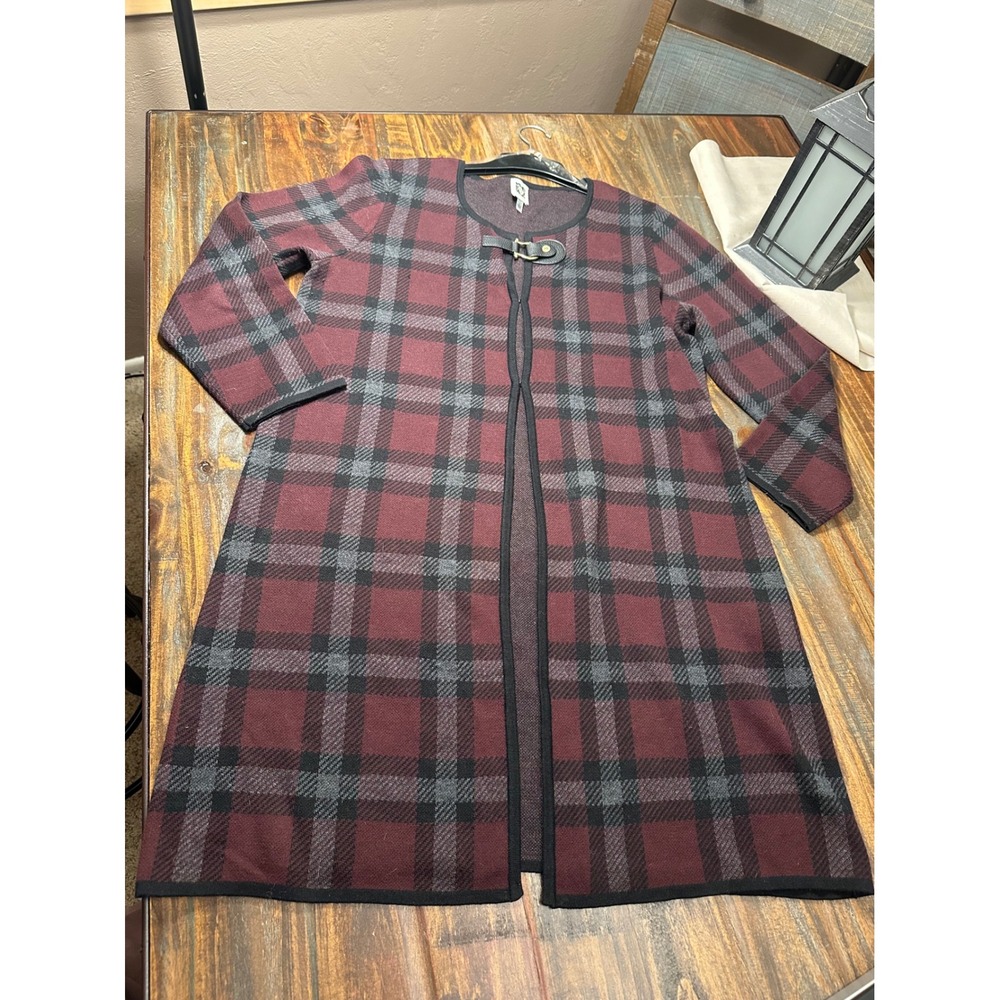 Anne Klein Plaid Long Open Front Cardigan Sweater Burgundy Gray Women's‎ Large